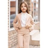 Riccotarz Kız Çocuk Çiçek Broş Detaylı Blazer Ceket Halter Yaka Taş Detaylı Bluz Krem Alt Üst Takım - 5 - 6 Yaş