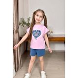 Riccotarz Kız Çocuk Göğsünde Dantel Işleme Kalp Detaylı Pembe T-Shirt Beli Lastikli Şortlu Takım - 6 - 7 Yaş