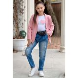 Riccotarz Kız Çocuk Kalp ve Little Baskılı Tişört ve Jean Pudra Blazer Ceket Alt Üst Takım - 3 - 4 Yaş