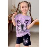 Riccotarz Kız Çocuk Kara Kalem Kelebek Baskılı Penye Lila T-Shirt Şortlu Takım