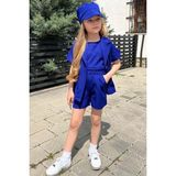 Riccotarz Kız Çocuk Kolsuz Penye Bluz Kısa Kollu Blazer Ceket Şapkalı Saks Mavisi Şortlu Takım - 2 - 3 Yaş