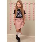 Riccotarz Kız Çocuk Little Boss Yazı Baskılı T-Shirt Cep Detaylı Kemerli Pudra Deri Etekli Takım - 2 - 3 Yaş