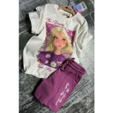 Riccotarz Kız Çocuk Papatya Ve The Beauty Yazı Baskılı Penye T-Shirt Mor Şortlu Takım