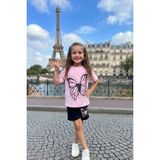 Riccotarz Kız Çocuk Puantiye Baskılı ve Kelebek Baskılı Pembe T-Shirt Şortlu Takım - 7 - 8 Yaş