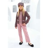 Riccotarz Kız Çocuk Şanel Kumaş Ceket ve Deri Pantolon Pembe Alt Üst Takım - 3 - 4 Yaş