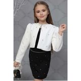 Riccotarz Kız Çocuk Üzeri Taş Işlemeli Etek Askılı Penye Bluz ve Beyaz Blazer Ceket Etekli Takım - 4 - 5 Yaş