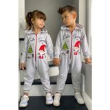 Riccotarz Kız Erkek Bebek Üzerinde Noel Baba ve Ağaç Önü Fermuarlı Kapüşonlu Gri Tulum