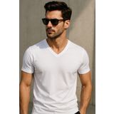 Rich Erkek %100 Pamuk Kısa Kollu V Yaka Beyaz T-shirt