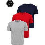 Rich Erkek 3'lü Grimelanj-Kırmızı-Lacivert Paket %100 Pamuk Slim Fit Sporcu Tişört Basic Bisiklet Yaka Kısa Kollu T-Shirt - Gri - Saks - Kırmızı - 2XL