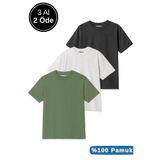 Rich Erkek 3lü Paket Antrasit Melanj-Beyaz-Yeşil Pamuklu Oversize Tişört Bisiklet Yaka Kısa Kollu T-Shirt