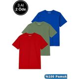 Rich Erkek 3'lü Paket Kırmızı-Mavi-Koyu Yeşil Pamuklu Oversize Tişört Bisiklet Yaka Kısa Kollu T-Shirt - 0 Siyah
