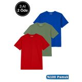 Rich Erkek 3'lü Paket Kırmızı-Mavi-Koyu Yeşil Pamuklu Oversize Tişört Bisiklet Yaka Kısa Kollu T-Shirt