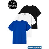 Rich Erkek 3'lü Paket Siyah-Beyaz-Mavi Pamuklu Oversize Tişört Bisiklet Yaka Kısa Kollu T-Shirt - 0 Siyah