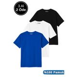 Rich Erkek 3'lü Paket Siyah-Beyaz-Mavi Pamuklu Oversize Tişört Bisiklet Yaka Kısa Kollu T-Shirt