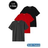 Rich Erkek 3lü Paket Siyah-Kırmızı-Antrasit Pamuklu Oversize Tişört Bisiklet Yaka Kısa Kollu T-Shirt