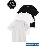 Rich Erkek Siyah-Beyaz-Grimelanj 3'lü Paket Siyah-Beyaz-Gri Melanj Pamuklu Oversize Tişört Bisiklet Yaka Kısa Kollu T-Shirt - 0 Siyah