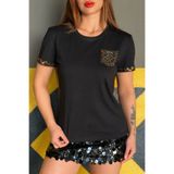 RICH GLAM Büyük Beden Cep Detaylı Crystal Taşlı Kısa Kol Bisiklet Yaka Şık Pamuk Siyah Kadın T-shirt Tişört