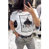 RICH GLAM Büyük Beden Etekli Kadın Kristal Taşlı Kısa Kol Şık Rahat Pamuk Beyaz Kadın T-shirt Tişört