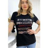 RICH GLAM Büyük Beden Renkli Yazılı Crystal Taşlı Kısa Kol Bisiklet Yaka Şık Pamuk Siyah Kadın T-shirt Tişört