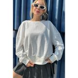 RICH GLAM Crystal Taşlı Bol Kesim Oversize Büyük Beden Üç Iplik Pamuk Rahat Şık Salaş Ekru Kadın Sweatshirt