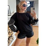 RICH GLAM Crystal Taşlı İncili Bol Kesim Oversize Büyük Beden Üç Iplik Pamuk Rahat Şık Kadın Sweatshirt