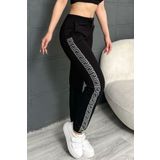 RICH GLAM Crystal Taşlı Lastik Paçalı İki İplik Premium Pamuk Kadın Büyük Beden Siyah Jogger Eşofman Altı