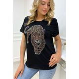 RICH GLAM Kaplan Crystal Taşlı Büyük Beden Bisiklet Yaka Pamuk Siyah Şık Kadın Bluz Kısa Kollu T-shirt Tişört