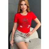 RICH GLAM Parfüm Baskılı Kristal Taşlı Büyük Beden Kısa Kol Şık Rahat Pamuk Kadın T-shirt Tişört