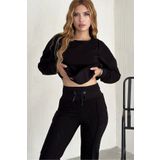 RICH GLAM Rahat Kesim Crystal Taşlı 3 Iplik Pamuklu Şık Yüksek Belli Siyah Kadın Eşofman Takımı
