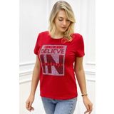 RICH GLAM Yazılı Crystal Taşlı Büyük Beden Bisiklet Yaka Kısa Kol Pamuk Rahat Şık Kırmızı Kadın T-shirt Tişört