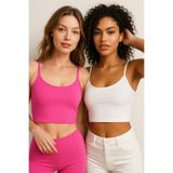 Rich Kadın 2'li Paket Beyaz Pembe Kısa Crop İp Askılı Krop Bluz Büstiyer