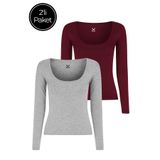Rich Kadın 2'li Paket Gri Melanj-Bordo U Yaka Vücudu Saran Uzun Kollu Bluz
