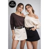 Rich Kadın 2'li Paket Kahve - Bej Düşük Omuz Modal Bluz