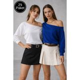 Rich Kadın 2'li Paket Saks Mavi - Beyaz Düşük Omuz Modal Bluz