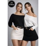 Rich Kadın 2'li Paket Siyah - Beyaz Düşük Omuz Modal Bluz