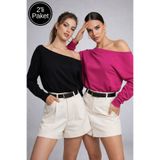 Rich Kadın 2'li Paket Siyah - Fuşya Düşük Omuz Modal Bluz
