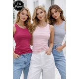 Rich Kadın 3'lü Paket Fuşya-Gri-Açık Pembe Sıfır Kol Kaşkorse Body-Bisiklet Yaka %100 Pamuk Atlet Bluz - 961Fuşya