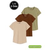 Rich Kadın 3'lü Paket Kahverengi-Haki-Bej %100 Organik Pamuk Normal Kesim Tişört Bisiklet Yaka T-Shirt