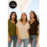Rich Kadın 3'lü Paket Kahverengi-Haki-Bej Viskon Ön Arka V Yakalı T-shirt Yarasa Kol Relaxed Bluz
