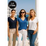 Rich Kadın 3'lü Paket Lacivert-Koyu Mavi-Beyaz Viskon Ön Arka V Yakalı T-shirt Yarasa Kol Relaxed Bluz