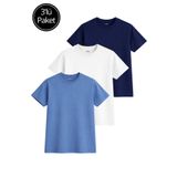 Rich Kadın 3'lü Paket Lacivert-Mavi-Beyaz %100 Pamuk Oversize Basic Tişört Bisiklet Yaka Relaxed T-Shirt
