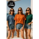 Rich Kadın 3'lü Paket Mavi-Yeşil-Turuncu %100 Pamuk Oversize Basic Tişört Bisiklet Yaka Relaxed T-Shirt