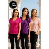Rich Kadın 3'lü Paket Mor-Pembe-Pudra Viskon V Yakalı T-shirt Kısa Kollu Rahat Kesim Bluz