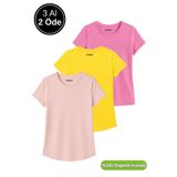 Rich Kadın 3'lü Paket Pudra-Pembe-Sarı %100 Organik Pamuk Normal Kesim Tişört Bisiklet Yaka T-Shirt