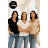 Rich Kadın 3'lü Paket Siyah-beyaz-bej Viskon Ön Arka V Yakalı T-shirt Yarasa Kol Relaxed Bluz