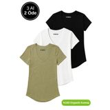Rich Kadın 3'lü Paket Siyah-Beyaz-Haki %100 Organik Pamuk Normal Kesim Tişört V Yaka T-Shirt