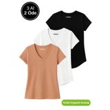 Rich Kadın 3'lü Paket Siyah-Beyaz-Kahverengi %100 Organik Pamuk Normal Kesim Tişört V Yaka T-Shirt