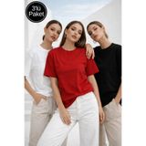 Rich Kadın 3'lü Paket Siyah-Beyaz-Kırmızı %100 Pamuk Oversize Basic Tişört Bisiklet Yaka Relaxed T-Shirt
