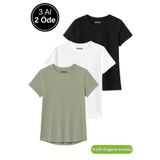 Rich Kadın 3'lü Paket Siyah-Beyaz-Koyu Mint %100 Organik Pamuk Normal Kesim Tişört Bisiklet Yaka T-Shirt