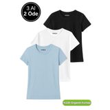 Rich Kadın 3'lü Paket Siyah-Beyaz-Mavi %100 Organik Pamuk Normal Kesim Tişört Bisiklet Yaka T-Shirt